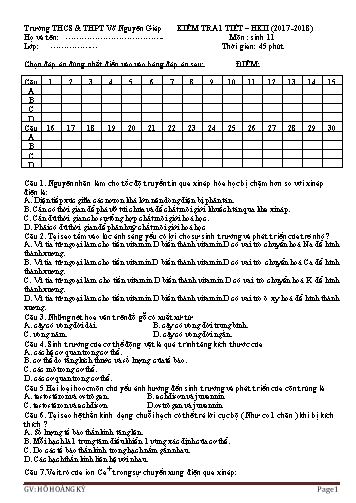 Đề kiểm tra 1 tiết học kì II môn Sinh học Lớp 11 - Năm học 2017-2018 - Hồ Hoàng Kì (Có đáp án)
