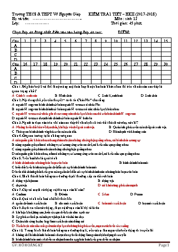 Đề kiểm tra 1 tiết học kì II môn Sinh học Lớp 12 - Năm học 2017-2018 - Hồ Hoàng Kì (Có đáp án)
