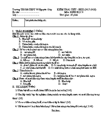 Đề kiểm tra 1 tiết học kì II môn Sinh học Lớp 6 - Năm học 2017-2018 - Trường THCS&THPT Võ Nguyên Giáp (Có đáp án)