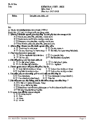 Đề kiểm tra 1 tiết học kì II môn Sinh học Lớp 7 - Năm học 2017-2018 - Nguyễn Thanh Phong (Có đáp án)
