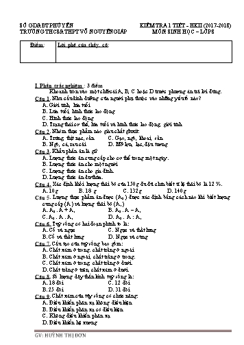 Đề kiểm tra 1 tiết học kì II môn Sinh học Lớp 8 - Năm học 2017-2018 - Huỳnh Thị Đơn (Có đáp án)