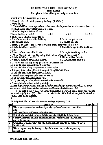 Đề kiểm tra 1 tiết học kì II môn Sinh học Lớp 9 - Năm học 2017-2018 - Phạm Thị Kim Loan (Có đáp án)