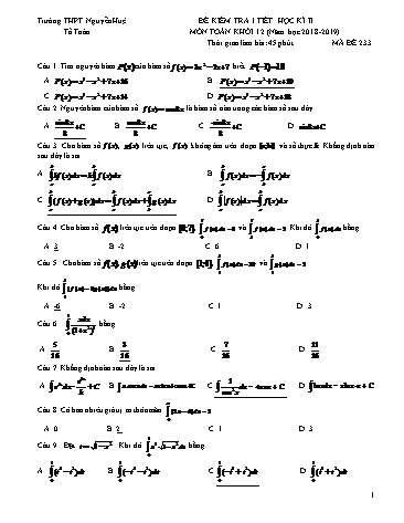 Đề kiểm tra 1 tiết học kì II môn Toán Khối 12 - Năm học 2018-2019 - Trường THPT Nguyễn Huệ - Mã đề 233 (Có đáp án)
