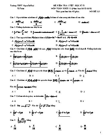 Đề kiểm tra 1 tiết học kì II môn Toán Khối 12 - Năm học 2018-2019 - Trường THPT Nguyễn Huệ - Mã đề 231 (Có đáp án)