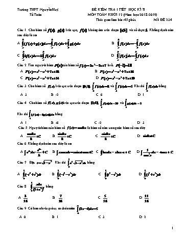 Đề kiểm tra 1 tiết học kì II môn Toán Khối 12 - Năm học 2018-2019 - Trường THPT Nguyễn Huệ - Mã đề 234 (Có đáp án)