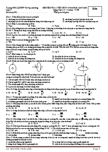 Đề kiểm tra 1 tiết học kì II môn Vật lí Lớp 11 - Năm học 2017-2018 - Nguyễn Thái Lâm (Có đáp án)