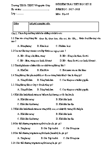 Đề kiểm tra 1 tiết học kỳ II môn Địa lí 6 - Năm học 2017-2018 - Trường THCS-THPT Võ nguyên Giáp (Có đáp án)