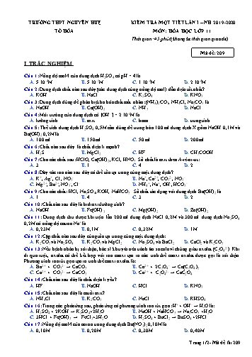 Đề kiểm tra 1 tiết lần 1 môn Hóa học Lớp 11 - Năm học 2019-2020 - Trường THPT Nguyễn Huệ - Mã đề 209 (Có đáp án)
