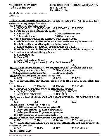 Đề kiểm tra 1 tiết lần 2 học kì II môn Hóa học Lớp 9 - Năm học 2017-2018 - Phan Thị Kim Hận (Có đáp án)