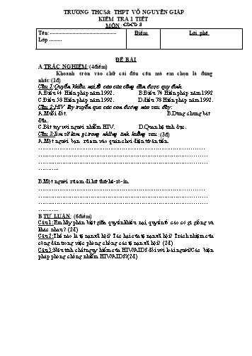 Đề kiểm tra 1 tiết môn Giáo dục công dân 8 - Trường THCS&THPT Võ Nguyên Giáp (Có đáp án)