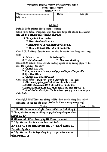 Đề kiểm tra 1 tiết môn Giáo dục công dân 9 - Trường THCS&THPT Võ Nguyên Giáp (Có đáp án)