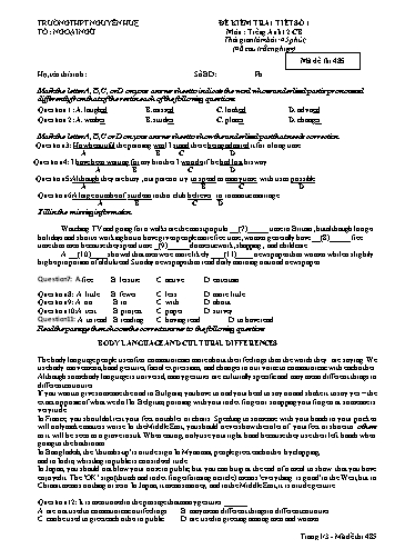 Đề kiểm tra 1 tiết số 1 môn Tiếng Anh Lớp 12 (Cơ bản) - Năm học 2019-2020 - Trường THPT Nguyễn Huệ - Mã đề thi 485 (Có đáp án)