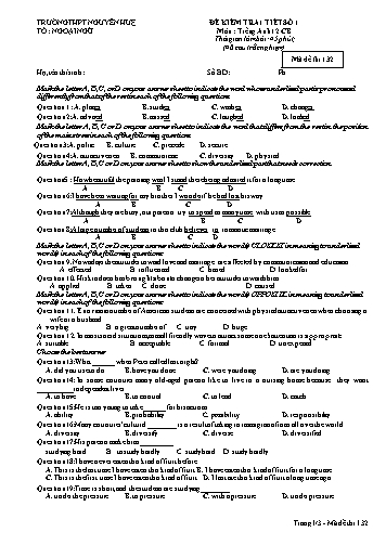 Đề kiểm tra 1 tiết số 1 môn Tiếng Anh Lớp 12 (Cơ bản) - Năm học 2019-2020 - Trường THPT Nguyễn Huệ - Mã đề thi 132 (Có đáp án)