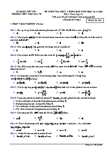 Đề kiểm tra chất lượng đầu năm môn Toán Lớp 10 - Năm học 2019-2020 - Trường THPT Ngô Gia Tự - Mã đề thi 209 (Có đáp án)
