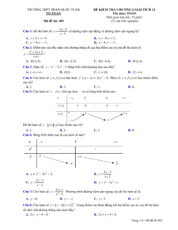 Đề kiểm tra chương I môn Giải tích 12 - Năm học 2019-2020 - Trường THPT Trần Quốc Tuấn - Mã đề thi 485 (Có đáp án)