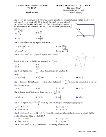 Đề kiểm tra chương I môn Giải tích 12 - Năm học 2019-2020 - Trường THPT Trần Quốc Tuấn - Mã đề thi 132 (Có đáp án)