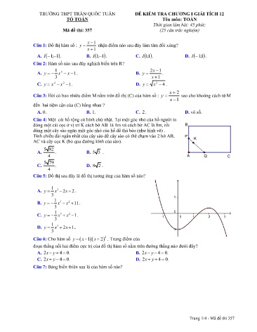 Đề kiểm tra chương I môn Giải tích 12 - Năm học 2019-2020 - Trường THPT Trần Quốc Tuấn - Mã đề thi 357 (Có đáp án)