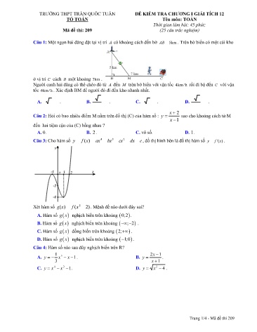 Đề kiểm tra chương I môn Giải tích 12 - Năm học 2019-2020 - Trường THPT Trần Quốc Tuấn - Mã đề thi 209 (Có đáp án)