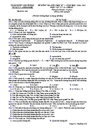 Đề kiểm tra giữa học kỳ 1 môn Vật lý 10 (Chuẩn) - Năm học 2020-2021 - Trường THPT Nguyễn Huệ (Có đáp án)