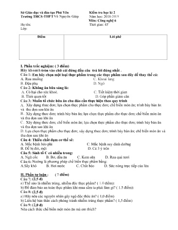 Đề kiểm tra học kì 2 môn Công nghệ Lớp 6 - Năm học 2018-2019 - Trường THCS-THPT Võ Nguyên Giáp (Có đáp án)