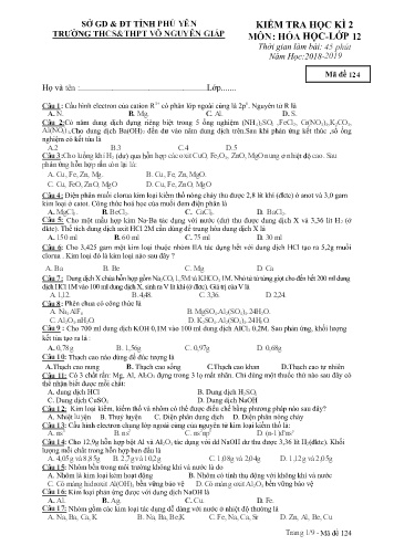 Đề kiểm tra học kì 2 môn Hóa học Lớp 12 - Năm học 2018-2019 - Trường THCS&THPT Võ Nguyên Giáp (Có đáp án)