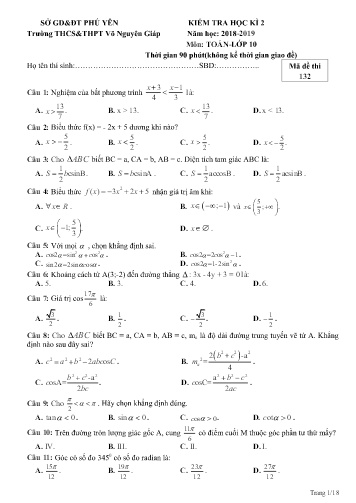 Đề kiểm tra học kì 2 môn Toán Lớp 10 - Năm học 2018-2019 - Trường THCS&THPT Võ Nguyên Giáp (Có đáp án)