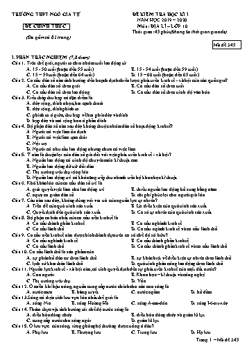 Đề kiểm tra học kì I môn Địa lí Lớp 10 - Năm học 2019-2020 - Trường THPT Ngô Gia Tự - Mã đề 345 (Có đáp án)