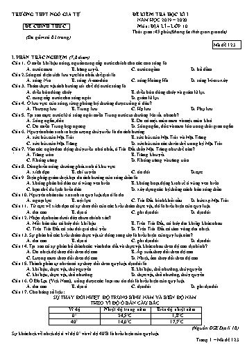Đề kiểm tra học kì I môn Địa lí Lớp 10 - Năm học 2019-2020 - Trường THPT Ngô Gia Tự - Mã đề 123 (Có đáp án)