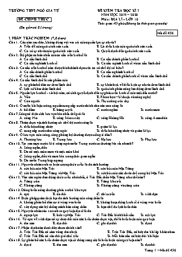 Đề kiểm tra học kì I môn Địa lí Lớp 10 - Năm học 2019-2020 - Trường THPT Ngô Gia Tự - Mã đề 456 (Có đáp án)