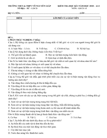 Đề kiểm tra học kì I môn Giáo dục công dân Lớp 10 - Năm học 2018-2019 - Trường THCS&THPT Võ Nguyên Giáp (Có đáp án)