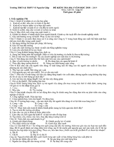 Đề kiểm tra học kì I môn Giáo dục công dân Lớp 11 - Năm học 2018-2019 - Trường THCS&THPT Võ Nguyên Giáp (Có đáp án)