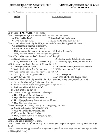 Đề kiểm tra học kì I môn Giáo dục công dân Lớp 6 - Năm học 2018-2019 - Trường THCS&THPT Võ Nguyên Giáp (Có đáp án)