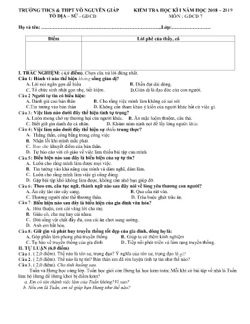 Đề kiểm tra học kì I môn Giáo dục công dân Lớp 7 - Năm học 2018-2019 - Trường THCS&THPT Võ Nguyên Giáp (Có đáp án)