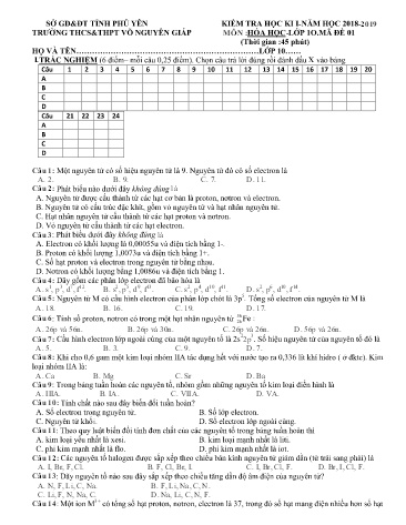 Đề kiểm tra học kì I môn Hóa học Lớp 10 - Năm học 2018-2019 - Trường THCS-THPT Võ Nguyên Giáp (Có đáp án)