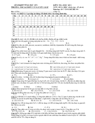 Đề kiểm tra học kì I môn Hóa học Lớp 12 - Năm học 2017-2018 - Trường THCS&THPT Võ Nguyên Giáp (Có đáp án)