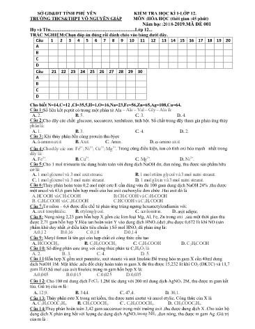 Đề kiểm tra học kì I môn Hóa học Lớp 12 - Năm học 2018-2019 - Trường THCS-THPT Võ Nguyên Giáp (Có đáp án)