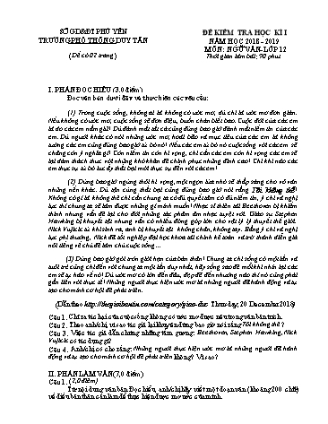 Đề kiểm tra học kì I môn Ngữ văn Lớp 12 - Năm học 2018-2019 - Trường Phổ thông Duy Tân (Có đáp án)