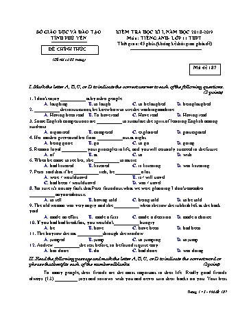 Đề kiểm tra học kì I môn Tiếng Anh Lớp 11 THPT - Năm học 2018-2019 - Trường THPT Ngô Gia Tự - Mã đề 187 (Có đáp án)