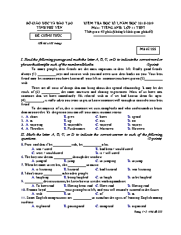 Đề kiểm tra học kì I môn Tiếng Anh Lớp 11 THPT - Năm học 2018-2019 - Trường THPT Ngô Gia Tự - Mã đề 255 (Có đáp án)