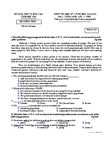 Đề kiểm tra học kì I môn Tiếng Anh Lớp 11 THPT - Năm học 2018-2019 - Trường THPT Ngô Gia Tự - Mã đề 153 (Có đáp án)