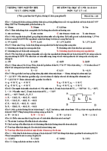 Đề kiểm tra học kì I môn Vật lý Lớp 11 - Năm học 2018-2019 - Trường THPT Nguyễn Huệ - Mã đề thi 135 (Có đáp án)