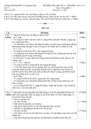 Đề kiểm tra học kì II môn Công nghệ Lớp 11 - Năm học 2018-2019 - Trường THCS-THPT Võ Nguyên Giáp (Có đáp án)