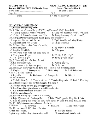 Đề kiểm tra học kì II môn Công nghệ Lớp 8 - Năm học 2018-2019 - Trường THCS&THPT Võ Nguyên Giáp (Có đáp án)