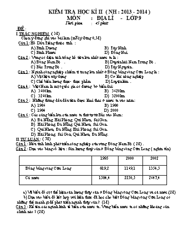 Đề kiểm tra học kì II môn Địa lí Lớp 9 - Năm học 2013-2014 - Trường THCS Lương Văn Chánh (Có đáp án)