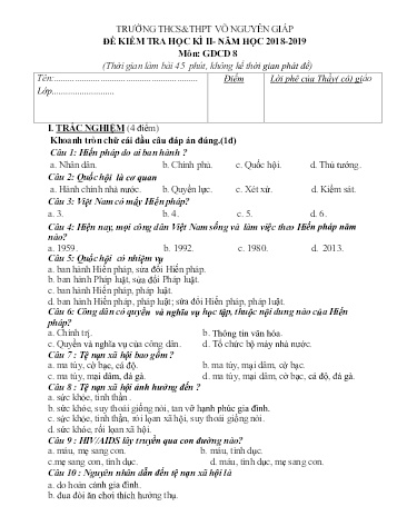 Đề kiểm tra học kì II môn Giáo dục công dân Lớp 8 - Năm học 2018-2019 - Trường THCS-THPT Võ Nguyên Giáp (Có đáp án)