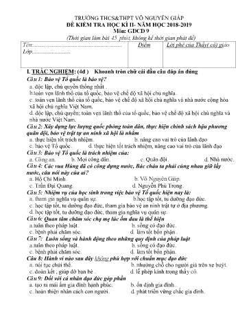 Đề kiểm tra học kì II môn Giáo dục công dân Lớp 9 - Năm học 2018-2019 - Trường THCS-THPT Võ Nguyên Giáp (Có đáp án)