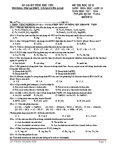 Đề kiểm tra học kì II môn Hóa học Lớp 10 - Năm học 2017-2018 - Phan Thị Kim Hận (Có đáp án)