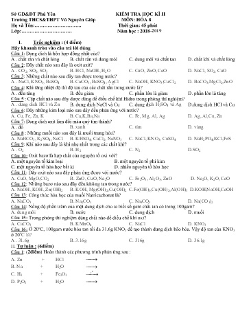 Đề kiểm tra học kì II môn Hóa học Lớp 8 - Năm học 2018-2019 - Trường THCS&THPT Võ Nguyên Giáp (Có đáp án)