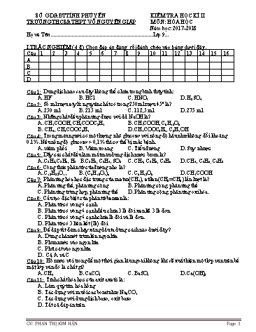 Đề kiểm tra học kì II môn Hóa học Lớp 9 - Năm học 2017-2018 - Phan Thị Kim Hận (Có đáp án)