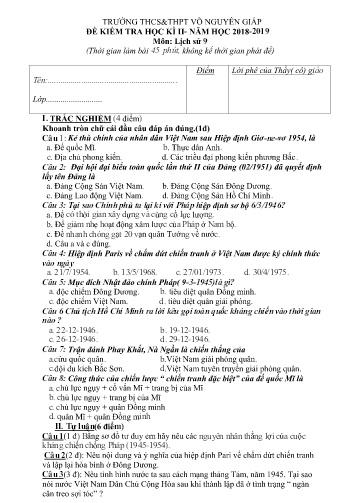Đề kiểm tra học kì II môn Lịch sử Lớp 9 - Năm học 2018-2019 - Trường THCS&THPT Võ Nguyên Giáp (Có đáp án)